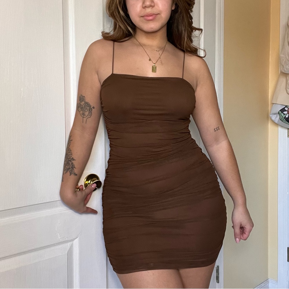 Brown ruched mini dress